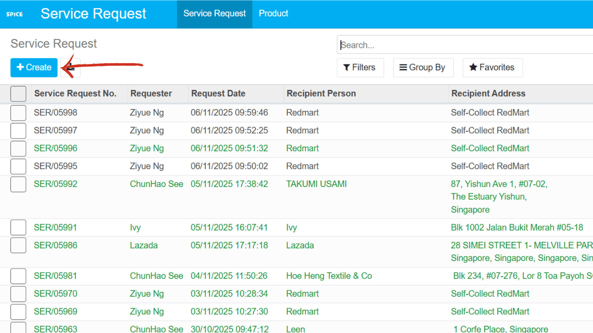Open the Service Request Page – screenshot