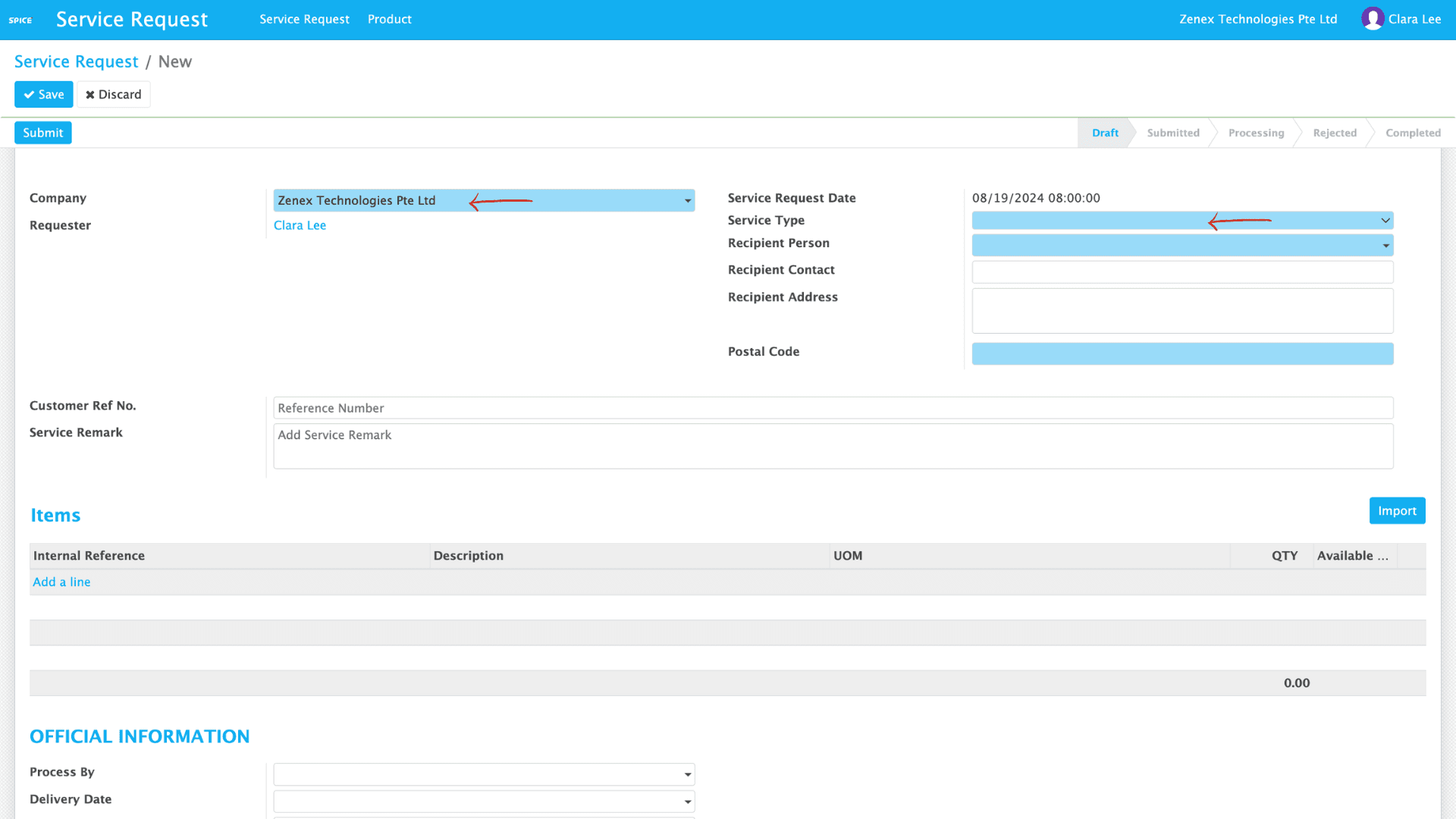 Select Customer & Service Type – screenshot